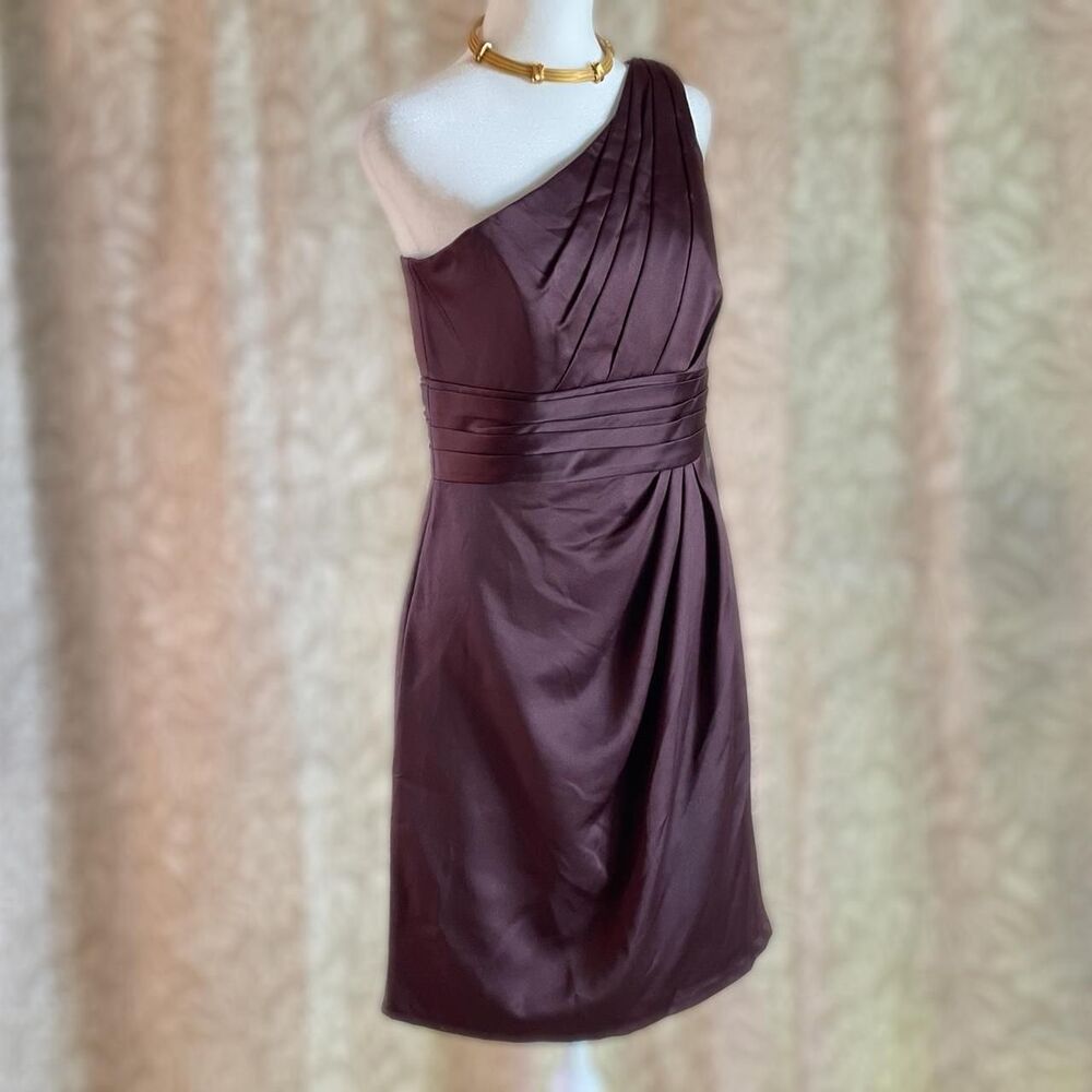 NWT David's Bridal Bridesmaid Mini Dress Brown Satin One Shoulder‎ Romantic Sz 6